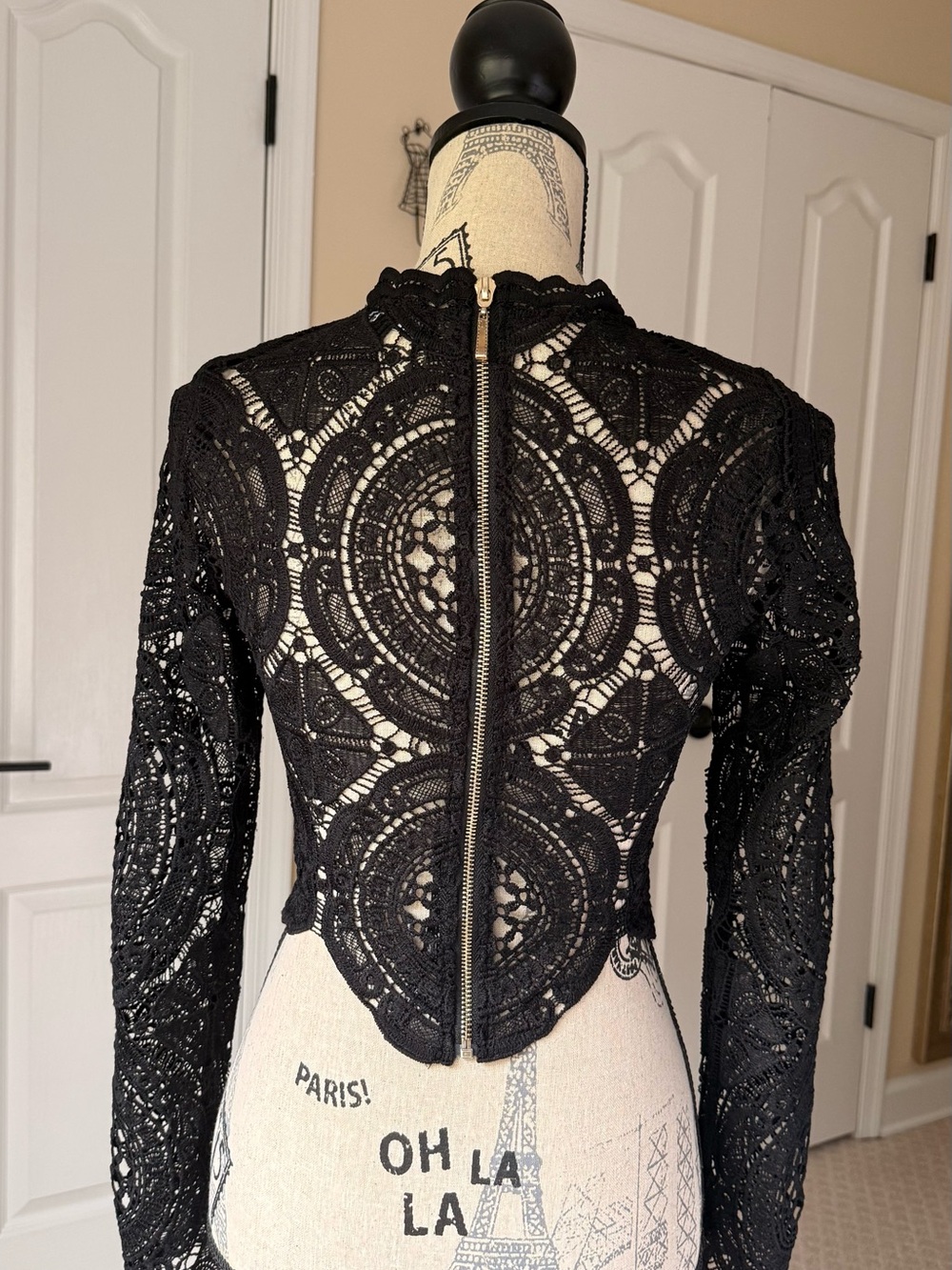 Lulus Black Crochet Lace Crop Top Long Sleeve Mock Neck Back Zip - Picture 2 of 4